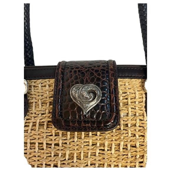 VTG Brighton Purse Brown Leather Straw Woven Double Handle Heart Boho 90s Y2K - Picture 3 of 16